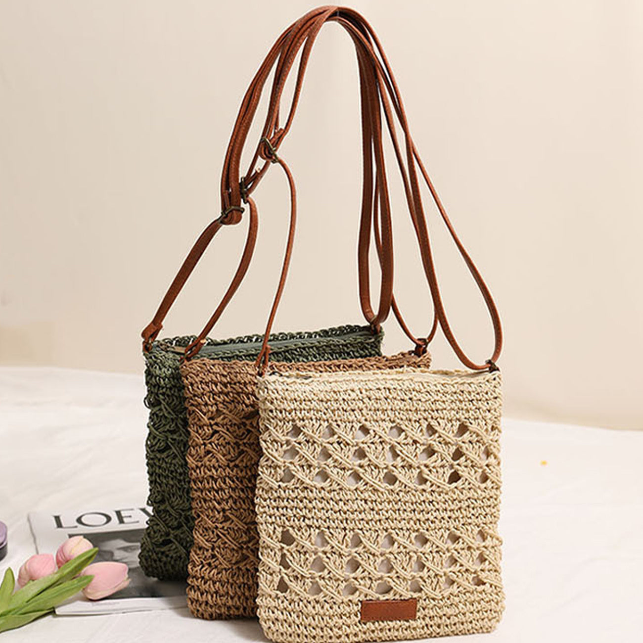 1pc a Hollow Woven Bag, a Handcrafted Round Straw Bag, a Bohemian Style Crossbody Bag, a Trendy Hollow Beach Bag Suitable for Travel And Holidays