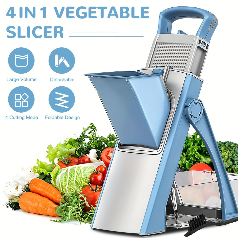 4-in-1 Vegetable Cutter Manual Fruit Slicer with Adjustable Detachable Stainless Steel Blade, Foldable Design & Large Capacity ABS Container for Shredding, Slicing, Stripping, Dicing - Compact Kitchen Tool for Efficient Food Prep, Vegetable Slicer, Meal P