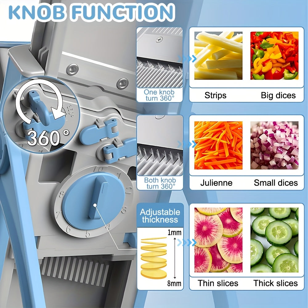 4-in-1 Vegetable Cutter Manual Fruit Slicer with Adjustable Detachable Stainless Steel Blade, Foldable Design & Large Capacity ABS Container for Shredding, Slicing, Stripping, Dicing - Compact Kitchen Tool for Efficient Food Prep, Vegetable Slicer, Meal P
