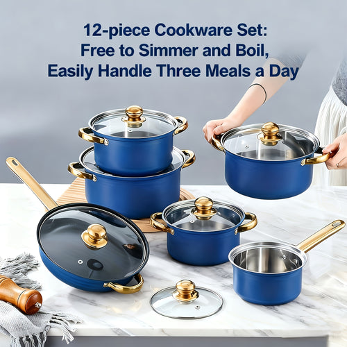 12pcs Cookware Set, Made Of Durable Stainless Steel. Do Not Use An Open Flame; It's A Low-temperature Non-stick Cookware Set (including Frying Pan And Milk Pan), Ideal As A Gift Set