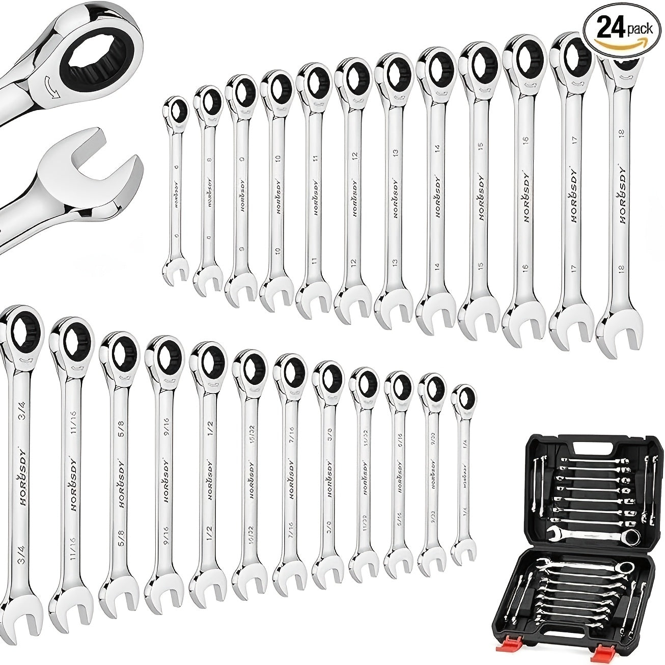 24pcs Ratchet Spanner Set, Metric and SAE, Ratcheting Spanners with Organizer, 72-Teeth Chrome Vanadium Steel 6-18mm & 1/4" to 3/4"