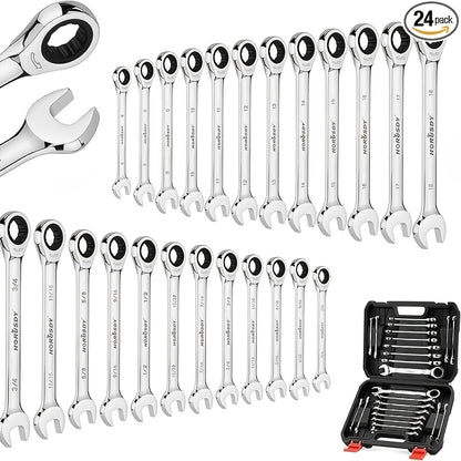 24pcs Ratchet Spanner Set, Metric and SAE, Ratcheting Spanners with Organizer, 72-Teeth Chrome Vanadium Steel 6-18mm & 1/4" to 3/4"