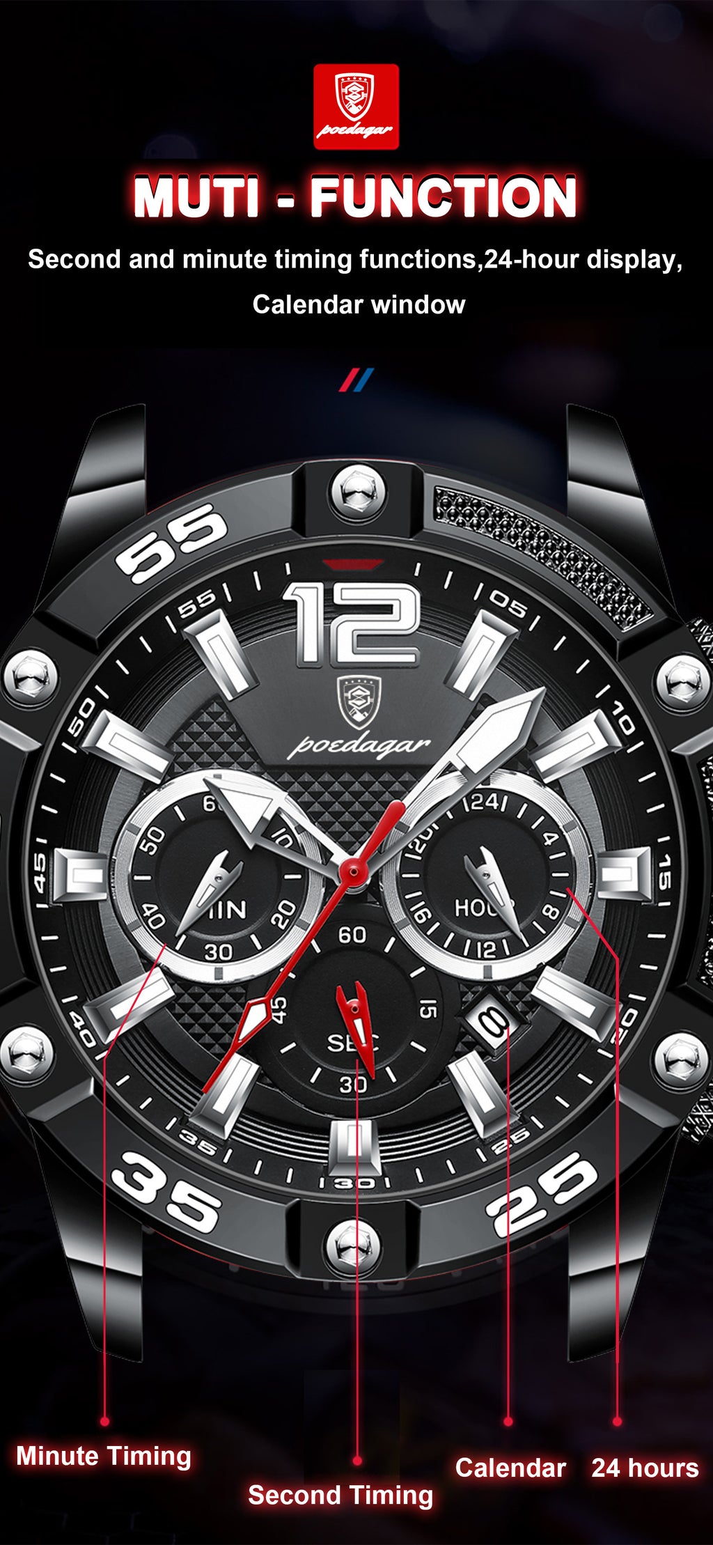 POEDAGAR Casual Men's Watch Luminous Chronograph Men's Watch High Quality Men's Watch 24 Hours Multi-function Dial Men's Gift