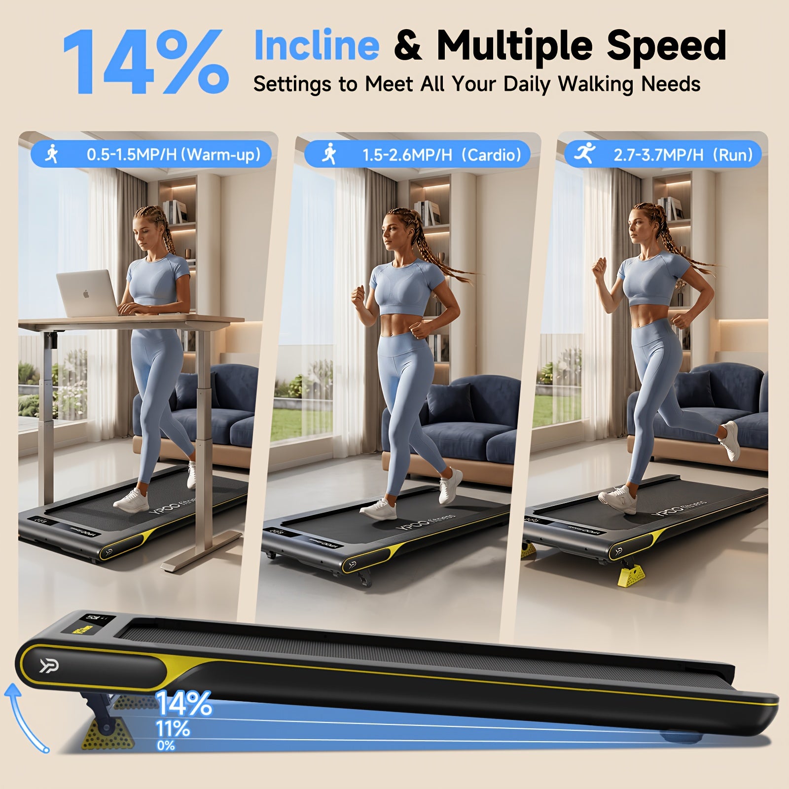 Walking Pad With Incline, 2.5HP Under Desk Treadmill With Low Noisey, 158.76 KG Portable Treadmill With APP, Compact Treadmills For Home/Office With Remote Control