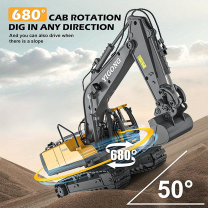 Remote Control Excavator Toy, Rechargeable 11 Channel 2.4Ghz RC Construction Vehicles with Metal Shovel for Kids, 680° Rotation with Lights and Sound- 1/20 Scale Digger for Boys 6-12