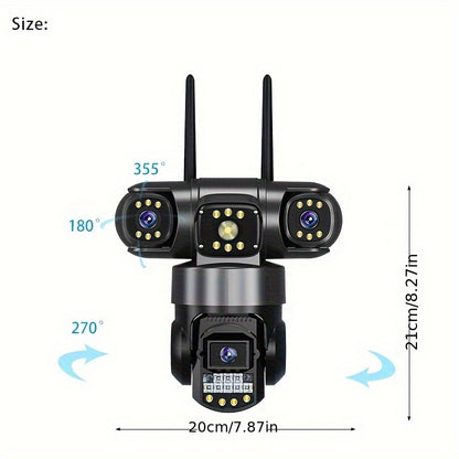 12MP Outdoor Wild Farms Security Camera, 3-In-1 LTE4G WIFI Wireless Solar Battery Powered Adjustable 3 Lens 3 Screen PTZ Outdoor Surveillance CCTV Security Camera, SIM Card Not Included, Color Night Vision, Spotlight/Alert, AI Detection, 2-Way Talk