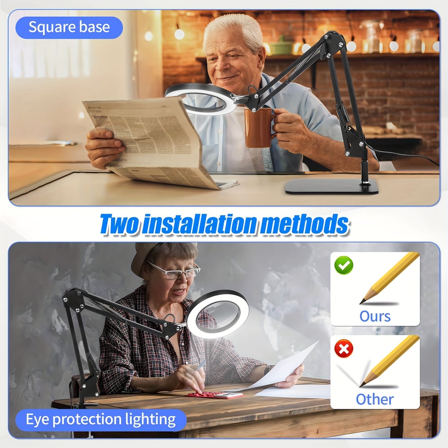 15X-10X Magnifying Glass LED Desk Lamp, 2-in-1 USB-Powered with Heavy Base & Clamp, 3 Color Modes & 10 Brightness Levels for Reading, Repair, Crafts, Sewing, Nail Art, Craft Lighting | Flexible Positioning | Adjustable Lighting, Lamp Desk