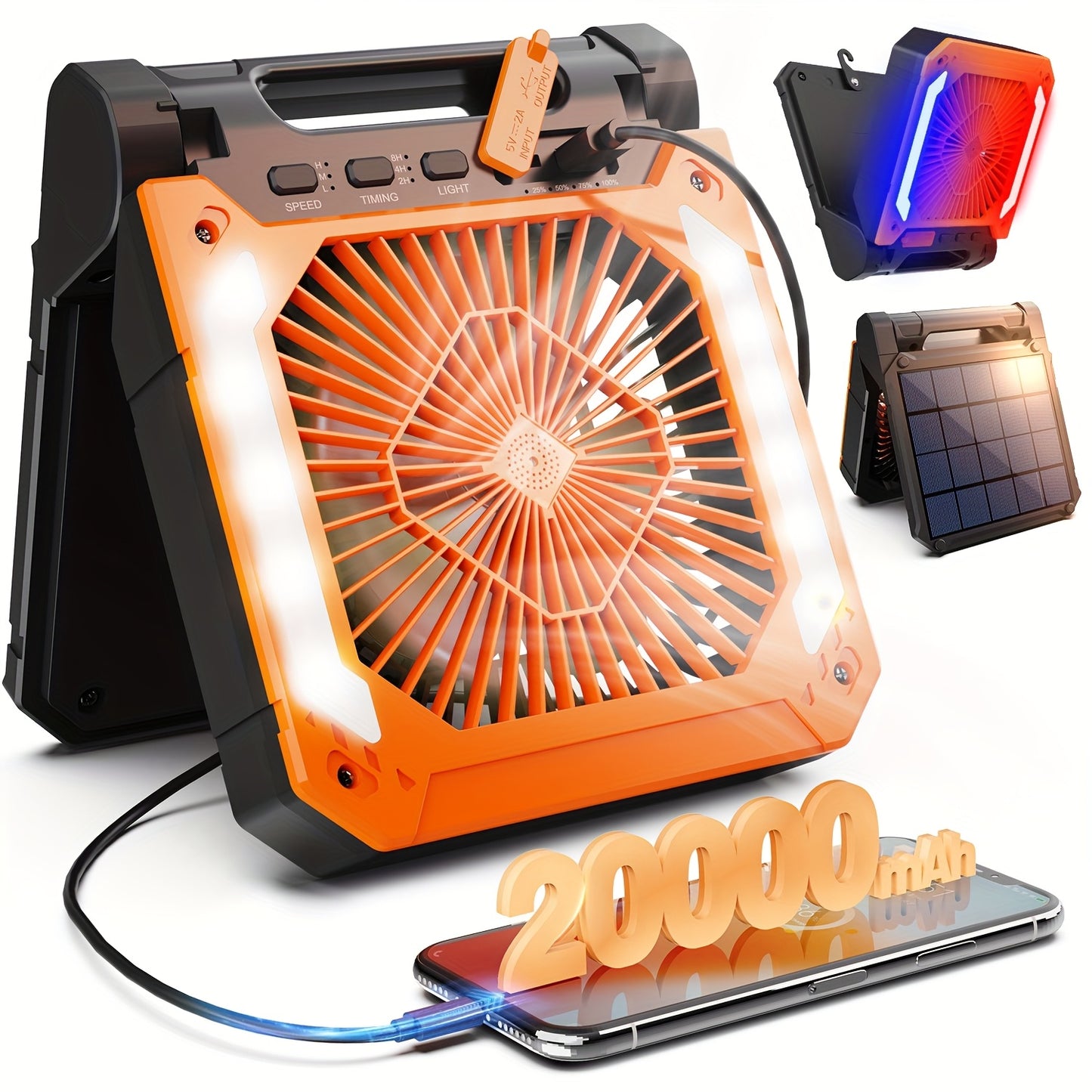 20000mAh Solar-Powered Camping Fan with 3-Speed Adjustable Settings, LED & SOS Strobe Lights, USB Charger Port - Portable, Rechargeable, Foldable Design for Home, Office, Travel & Outdoor Adventures, Versatile Lighting Device | Robust Material