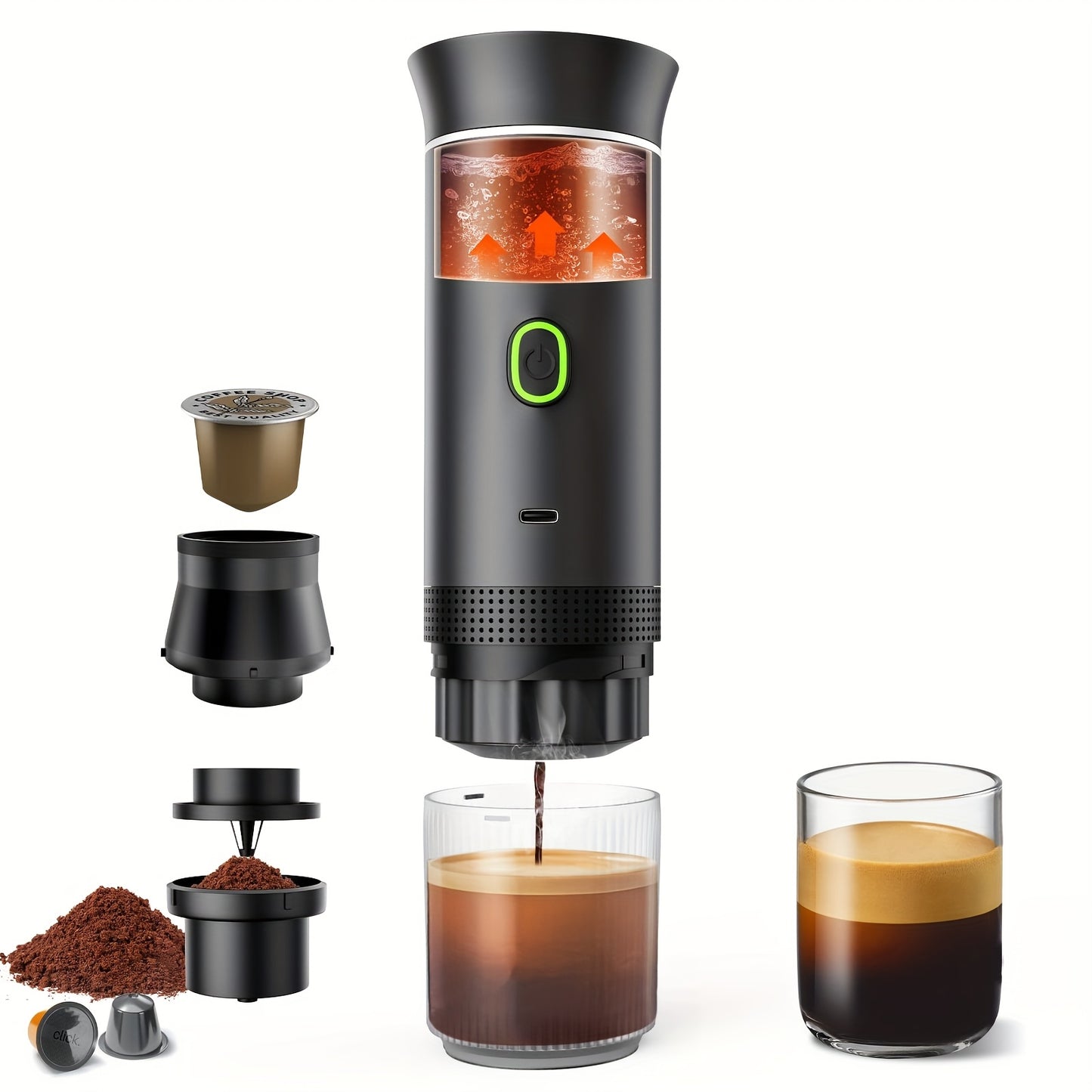 Portable Electric Espresso Maker, 20 Bar Mini Travel Coffee Maker, Expresso Coffee Machines with USB-C, 3-In-1 Car Coffee Maker Self-Heating, Ground Coffee & Capsule(Ns&Dg) for Office, Camping, RV