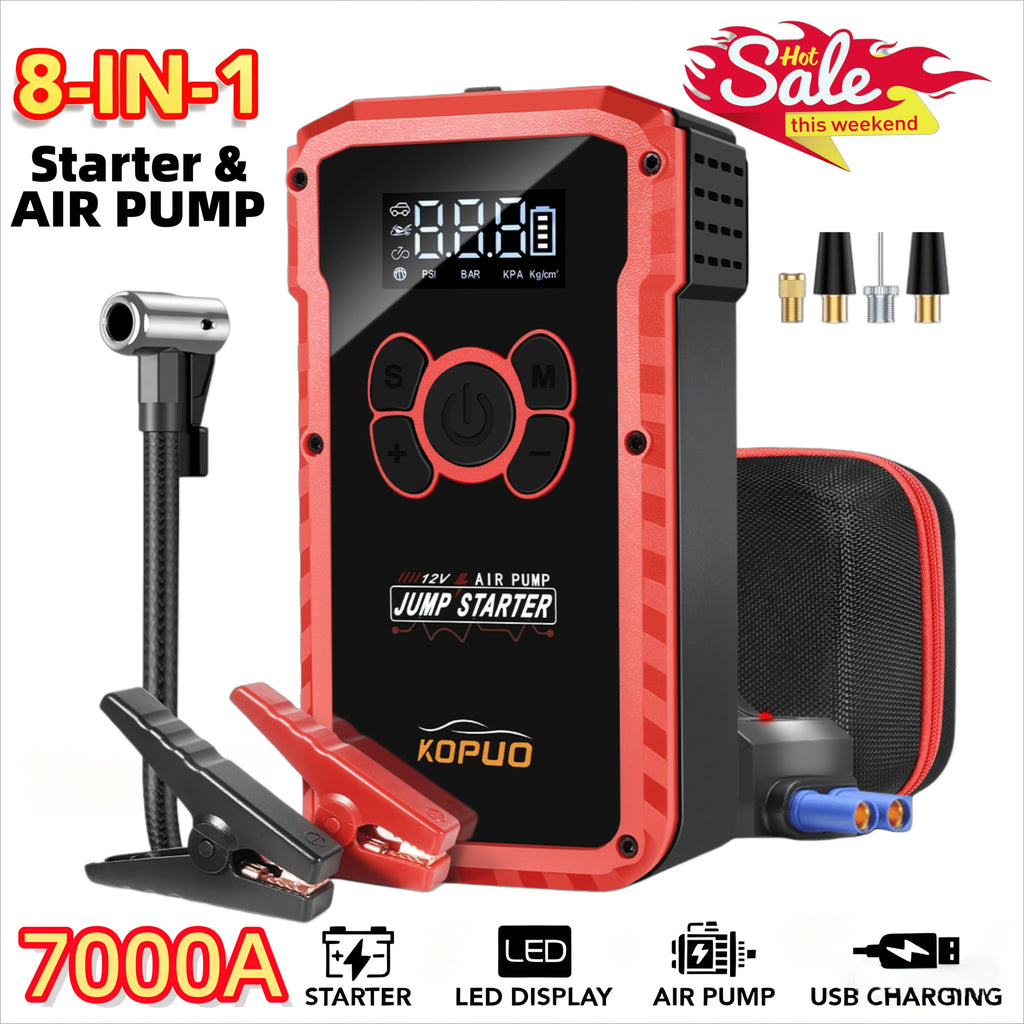 KONPCOIU 5000A Jump Starter Optional 7000A Starter with Air Compressor, 12V Car Battery Charger (Up to 10.0L Gas/8.5L Diesel), Jump Starter for Car Battery with Compass & 3-Mode LED Light, Camping & Travel Essential, Battery Pack Power Bank