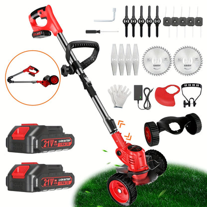 [Cordless Lawn Mower] Cordless Electric Lawn Mower, Weed Wacker Battery Powered, Lightweight Grass Trimmer With Wheels And 2-pack 2.0Ah Battery, Foldable Lawn Edger Cutter For Lawn Yard Garden