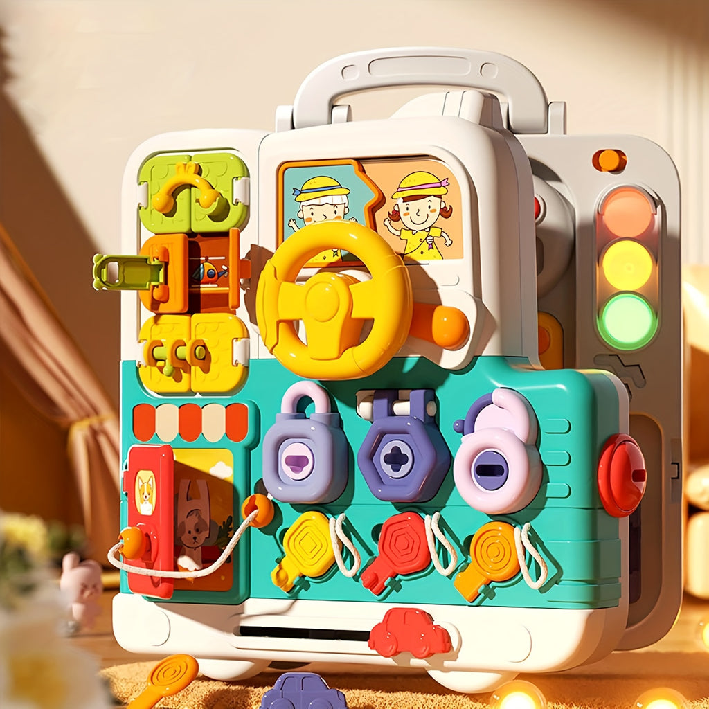 Engaging Busy Board Activity Set Featuring a Steering Wheel, Travel Recognition Activities, Dressing Scene Play, and a Cute Bear Busy Board for Enhanced Learning and Development. Perfect for Toddlers and Young Children