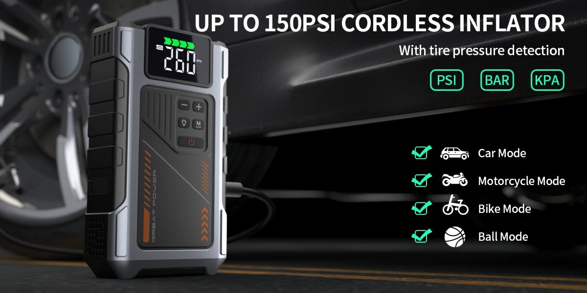 7000A Car Portable Wireless Car Air Compressor Jump Starter | 150PSI Digital Tire Inflator, LED Emergency Light, Dual USB Input/Output, Suitable for 12V Vehicles, Gasoline/Diesel, GEENEU Brand