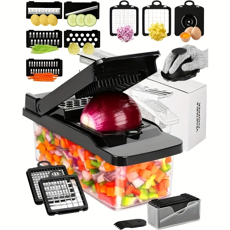 A Professional Vegetable Chopper Set, Featuring a Multifunctional Food Slicer with an Adjustable Container, Ideal As Holiday Gifts for Your Family. It Comes with a Black Lid And Is Suitable for Use in Kitchens And Restaurants