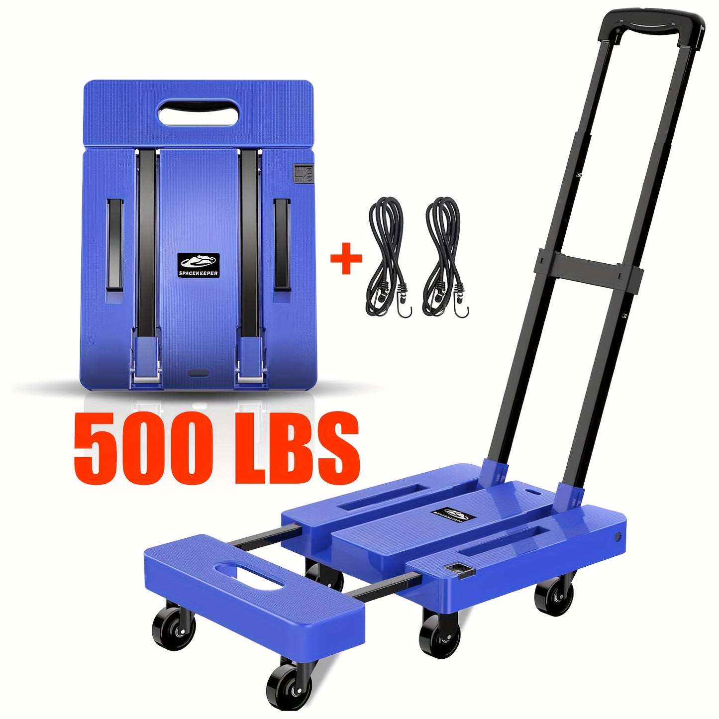 SPACEKEEPER Folding Hand Truck, 226.8 KG Heavy Duty Luggage Cart, Utility Dolly Platform Cart with 6 Wheels & 2 Elastic Ropes for Luggage, Travel, Moving, Shopping, Office Use, Black