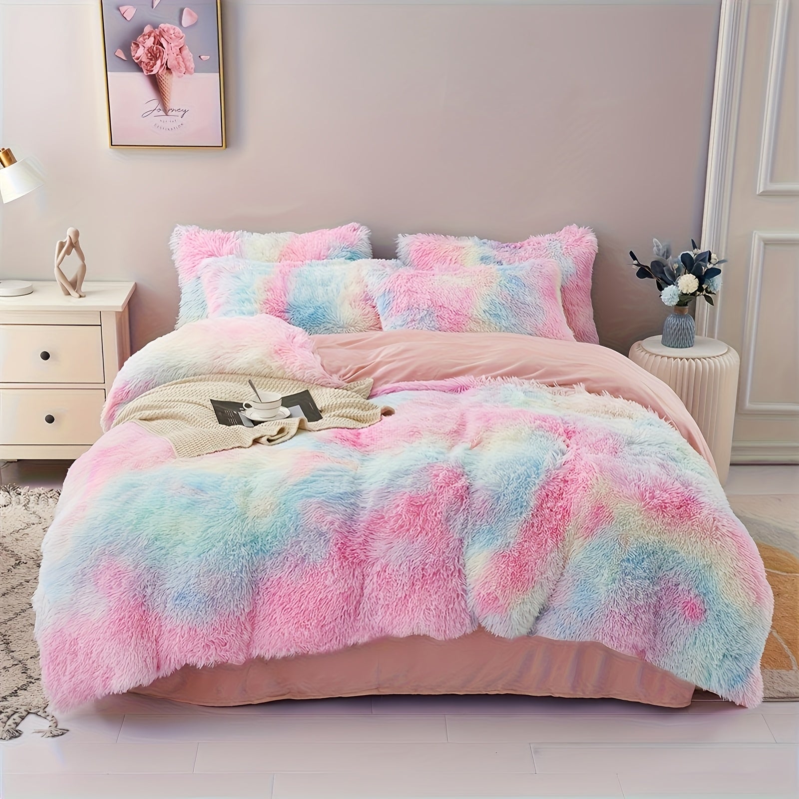 Queen/King Size 400TC Luxury Plush Long Fur Duvet Cover Set 100% Polyester | 3pcs-1Quilt Cover 2Pillowcases- No Duvet Insert Included, Christmas Present Warm And Breathable All-Season Bedroom Decor