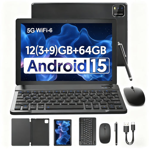 2026 Android 15 2-in-1 Tablet PC, With Keyboard, Quad-core Processor, 10-inch HD IPS Screen, 12 (3+9) GB RAM + 64GB ROM + 1TB Expandable Storage, 6000mAh Battery, 5G+2.4G WiFi, 1280*800 HD Display, 2MP+8MP Dual Cameras, Includes Case, Stylus