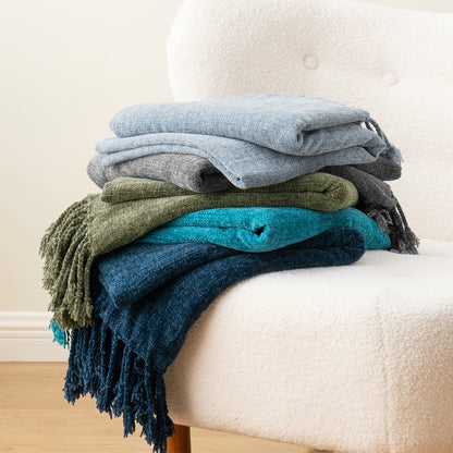 Chenille Throw Blanket for Couch, Decorative Fringe Velvety Throw Blanket for Sofa Home Decor, 127.0cm x 152.4cm