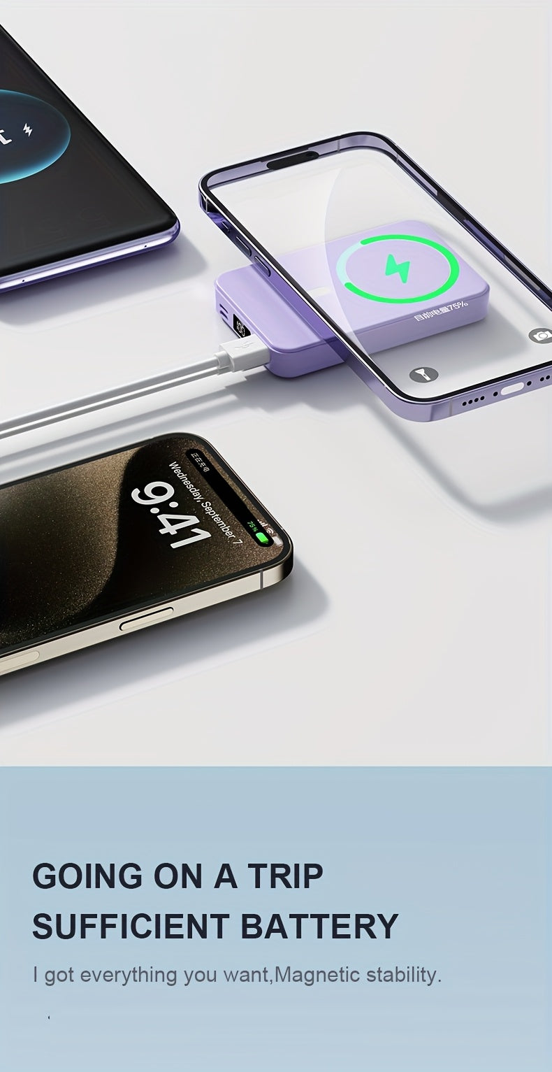 10000MAH Mini Magnetic Fast Charging Power Bank With Digital Screen, USB Portable Mobile Phone Powerbank Once, Comes With A Stand, Suitable For Airplane Travel, With Led Power Display, Stand Mobile Power, Devices At The Same Time, Comes With Stand