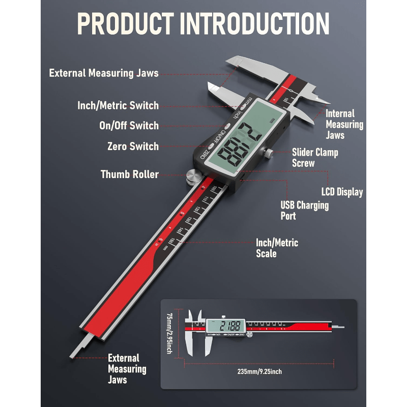 HEYMYTH Digital Caliper (0-6"/ 150mm) | USB Rechargeable Vernier Calipers, Electronic Micrometer with LCD Screen, Auto Off, Inch and Millimeter Conversion, Lithium Polymer