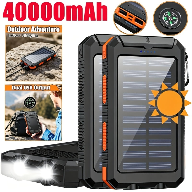 20000mAh/40000mAh Portable Solar Power Bank, Portable Solar Mobile Phone Charger, Camping External Battery Charger for Mobile Phones, 2 USB/ LED Flashlights with Compass for Outdoor Activities