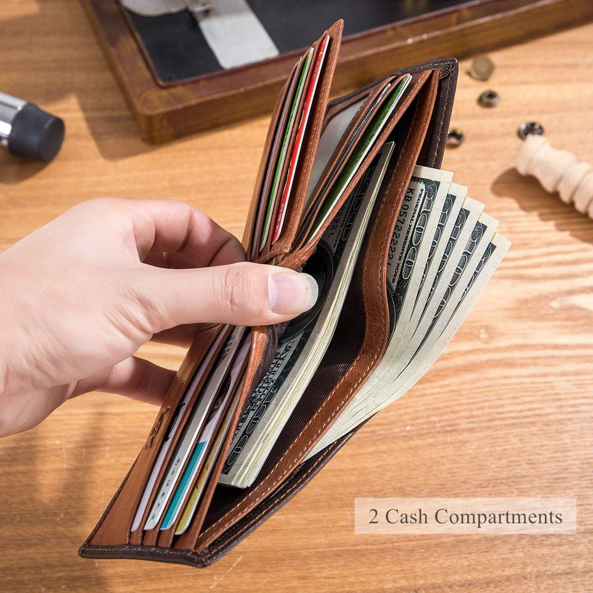 RFID Wallets for Men Slim Bifold Genuine Leather Front Pocket Wallet with 2 ID Windows
