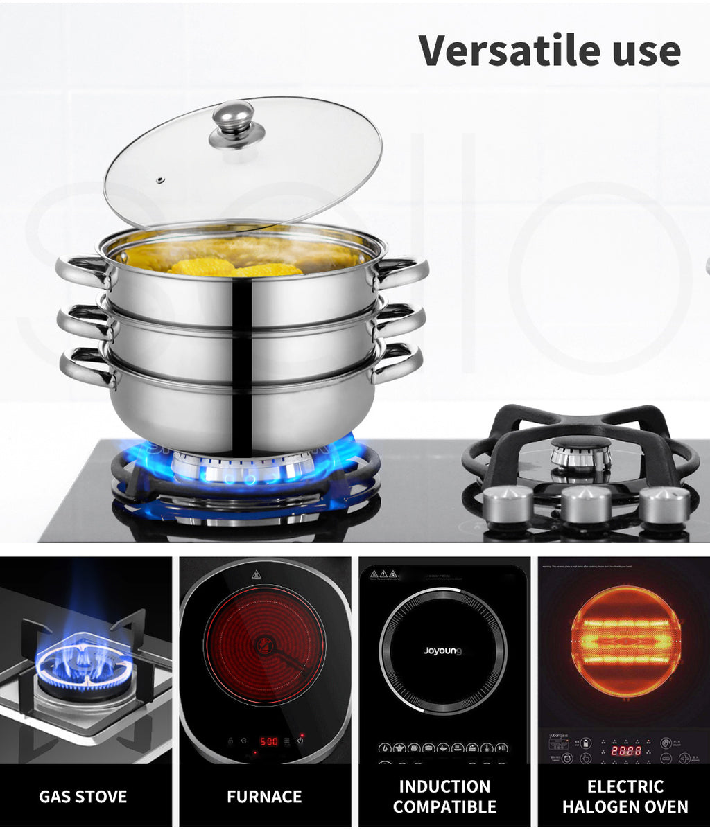 TOQUE 3 or 4 Layer Stainless Steel Steaming Pot – Heavy Duty Kitchen Steamer for Meat, Vegetables & Seafood, Compatible with Gas, Electric & Induction Cooktops