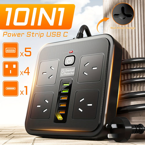 HEYMIX Powerboard USB, 10IN1 Power Strip USB C, Power Board Surge Protector with 4-Outlets, 1.8 Meter Power Extension Cord with 1-USBC & 5-USB 2500W Surge Protection, Wall Mountable, for Home Office