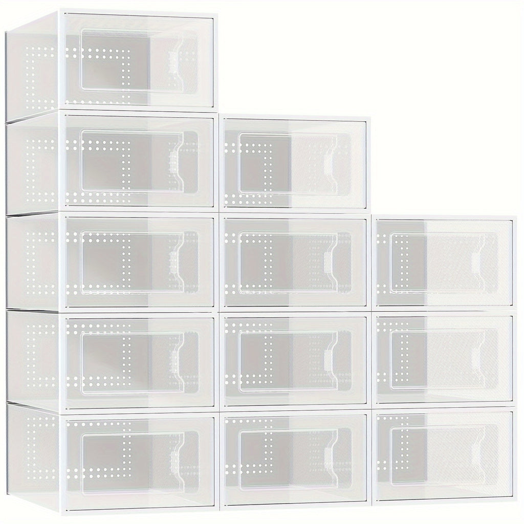 Set of 12 Transparent Shoe Storage Containers - Ideal for Organizing Sneakers, Boots, And Heels - Great for Entryways, Closets, Or As Drop-Front Storage