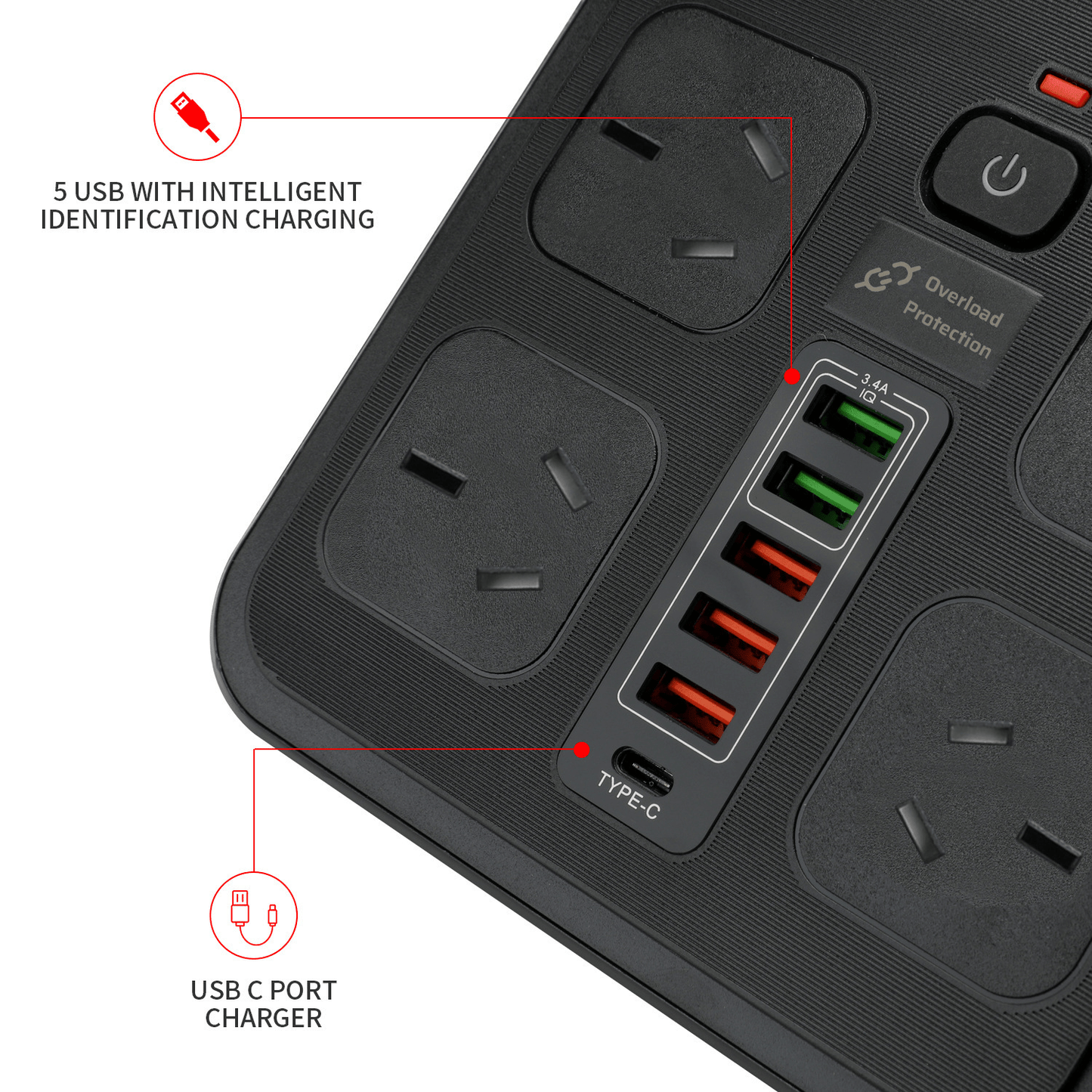 Smart Koala 10-in-1 Multi Ports Power Strip with USB & Surge Protection, 4 Outlets & 5 USB Ports, 1.8m Extension Cord, Wall Mountable, Ideal for Home Office & Gaming Consoles, 2500W Max Load Capacity, Gaming Console Accessory | Compact Power Strip | Effic
