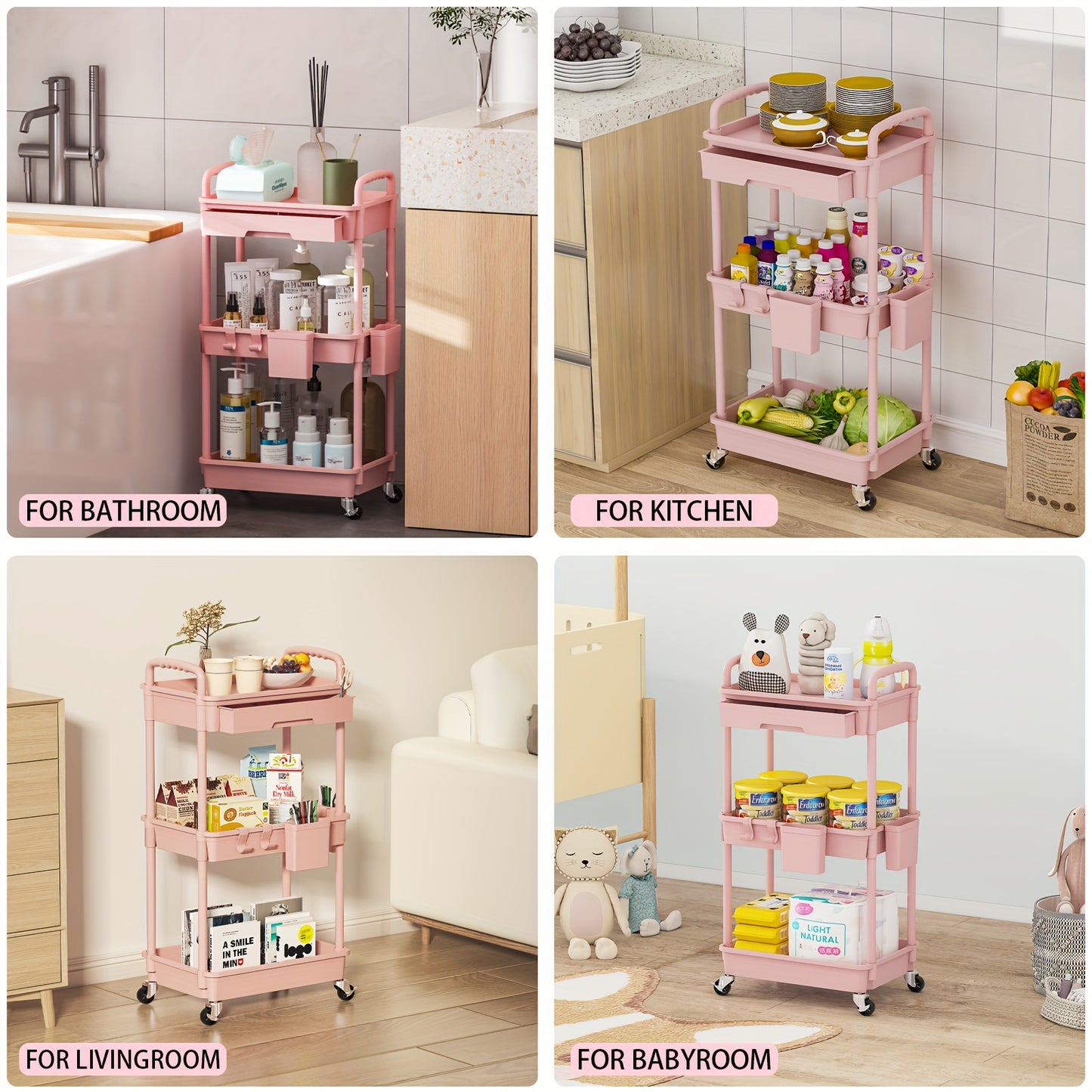 3 Tier/4 TierMultifunctional Rolling Cart With Drawer, Durable Plastic Rolling Cart- With Drawers And Lockable Wheels, Includes Practical Accessories Like Cup Holders And Hooks - Easy Assembly Storage Cart, For Kitchen, Bathroom, Living Room