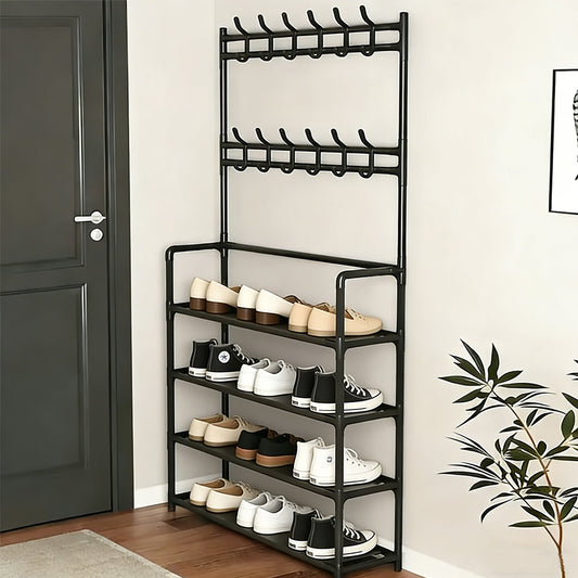 5-Layer Clothes Hanger Shoe Rack Combination, Shoe Organizer at The Entrance, with 12 Hooks And 10 Storage Bags, Corridor Rack for Storing Shoes, Clothes, Jackets, Hats, Bags, Umbrellas, Home Additions