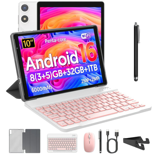 10-inch Android 16-inch Tablet: 8 (3+5) GB RAM + 32GB ROM, 1TB Expansion, 6000mAh Long-lasting Battery Life, High-speed WiFi Connectivity, Dual HD Cameras for Conference Calls, Suitable for Office Work, Study And Entertainment. Pink Set Available