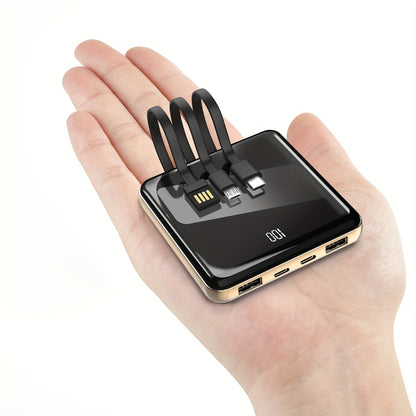 Slim Portable Charger with Built-In Cables, 10000Mah Capacity, Featuring an LED Display. This Compact External Battery Pack Offers 3 Input Options And 5 Output Ports, Making It Suitable for Charging Phones