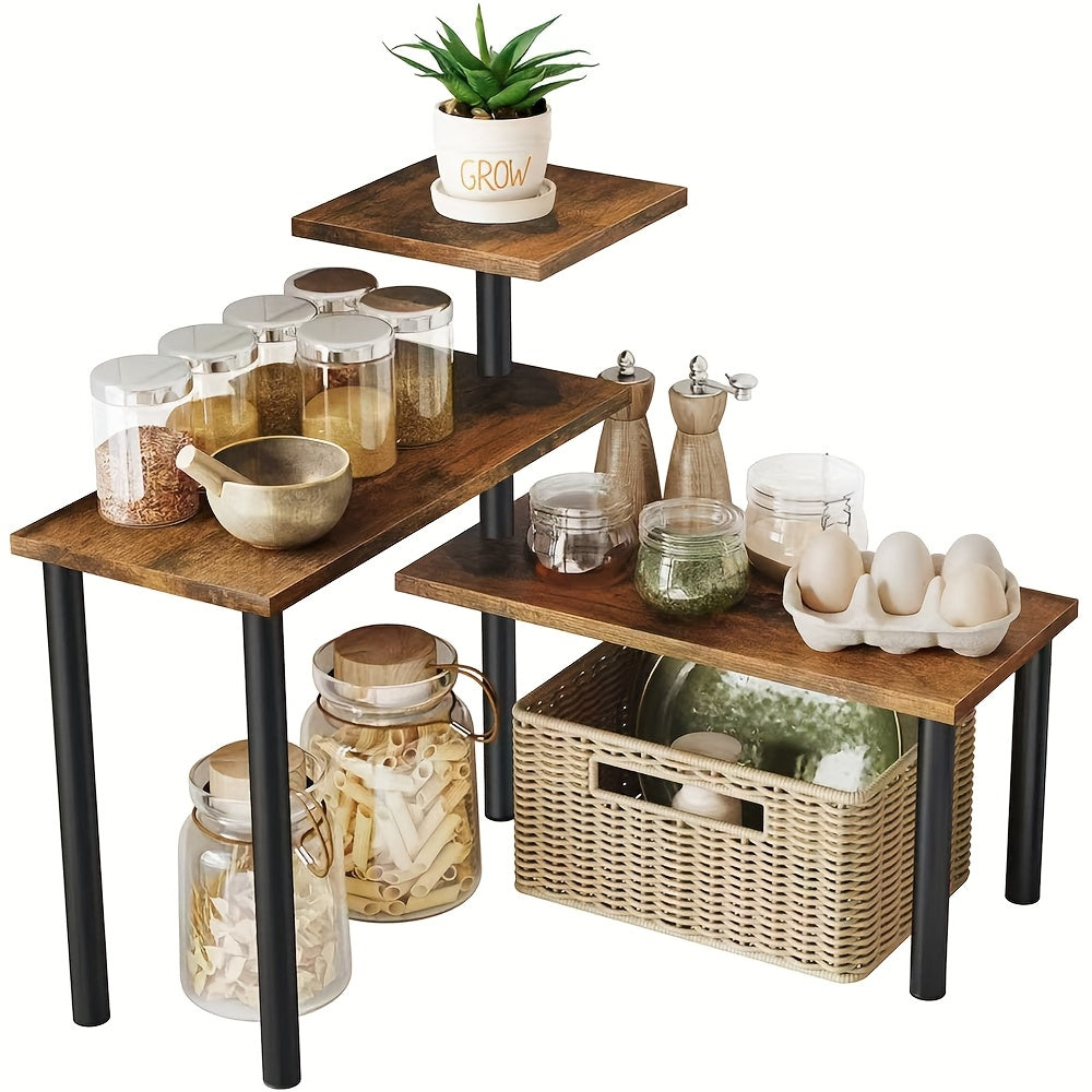 3-Tier Adjustable Corner Shelf - Heavy-Duty Wood -Shaped Cabinet Shelf with Space-Saving Shelves, Assembly for over Sink, Dresser, Kitchen & Bathroom - Rustic Brown Countertop Organizer (Assembly Required) Suitable for Kitchen, Bathroom, Coffee