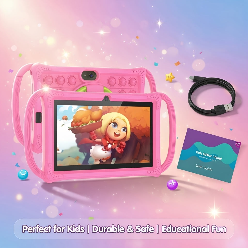 Android 13 7-inch Kids Tablet. 4GB(2+2GB expansion) RAM and 32GB ROM (expandable to 1TB). It features a Quad-Core CPU, a 1024*600 IPS HD screen delivers clear visuals. WiFi6, BT, Dual Cameras, Parental Controls, and an included durable case, it's a intera