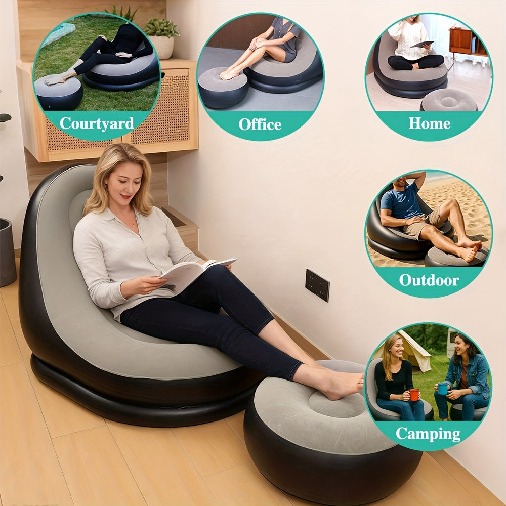 Portable Inflatable Sofa Bed with Footrest - Waterproof Outdoor/RV Furniture, Grey Modern Design, Comfortable Cushioned Seating for Camping, Balcony, Beach, Home - Ideal for Indoor/Outdoor Use, Perfect for In Any Setting