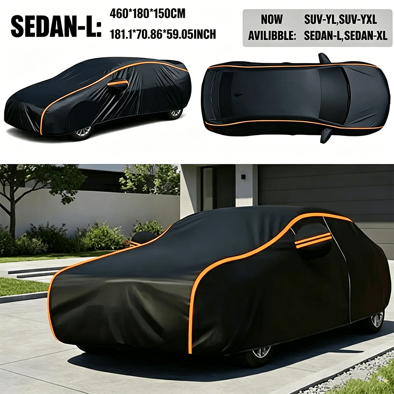 Professional car cover set available in four precise sizes SUV-YL SUV-YXL Sedan-L Sedan-XL, crafted from high-strength 100% polyethylene tarpaulin material offering exceptional sturdiness and durability, complete waterproof protection layer effectively pr