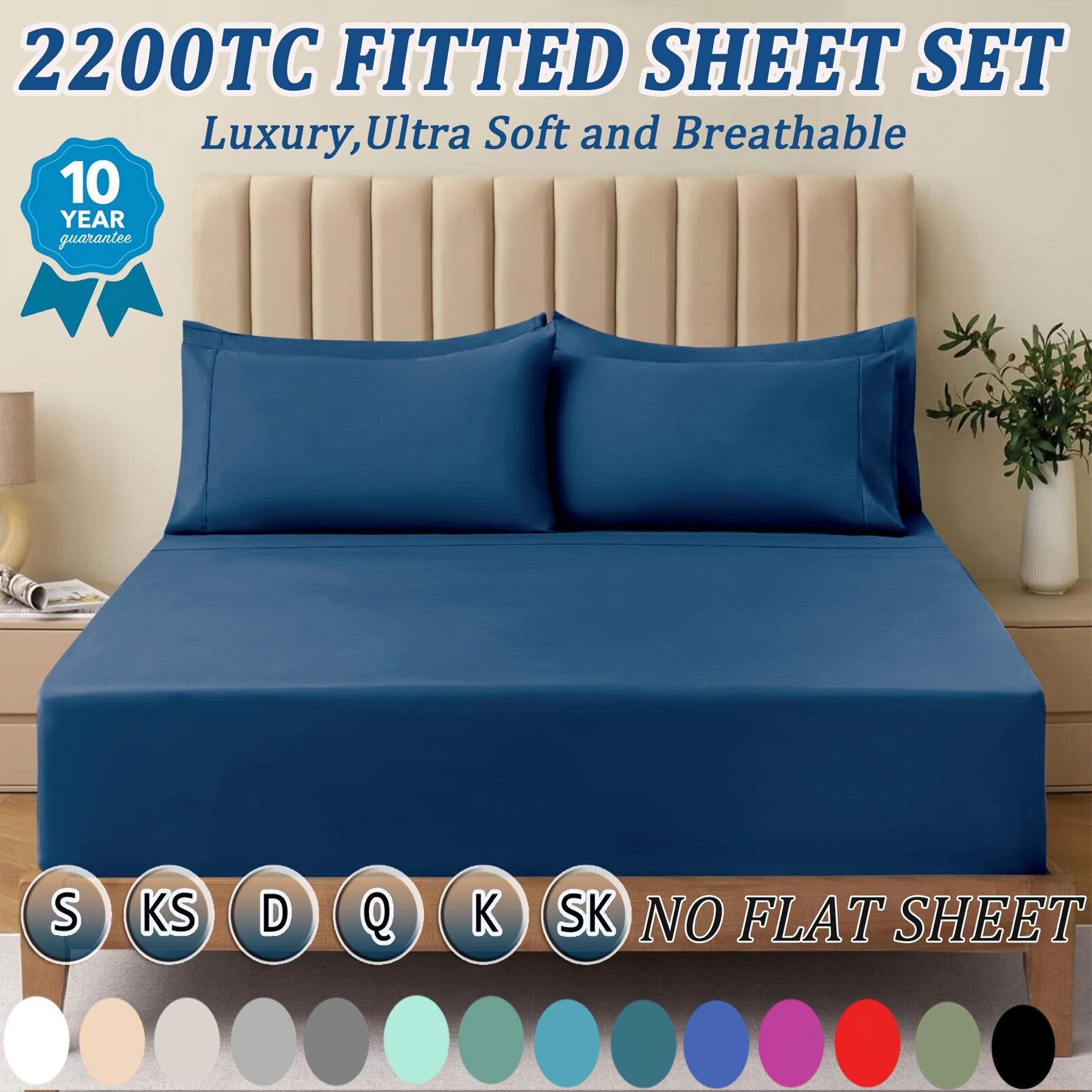 Hotel Fitted Sheet Set 2200 TC, Ultra-Soft Fitted Sheet with 1/2 Pillowcase Set (No Flat Sheet), Available in Single/Full/Double/King/California King/Super King Sizes, 40cm Deep Pocket, Shrink-Resistant, All-Season, Machine Washable, Soft Microfiber