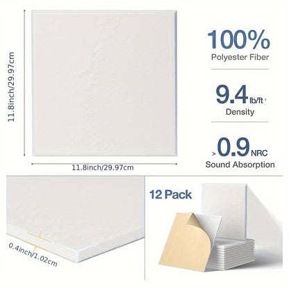 12pcs White Acoustic Panels, 30.48cm x 30.48cm x 1.02cm High-Density Soundproof Foam with Easy Self-Adhesive Installation - Perfect for Home Office, Studio, and Meeting Rooms, Soundproof Wall Panels