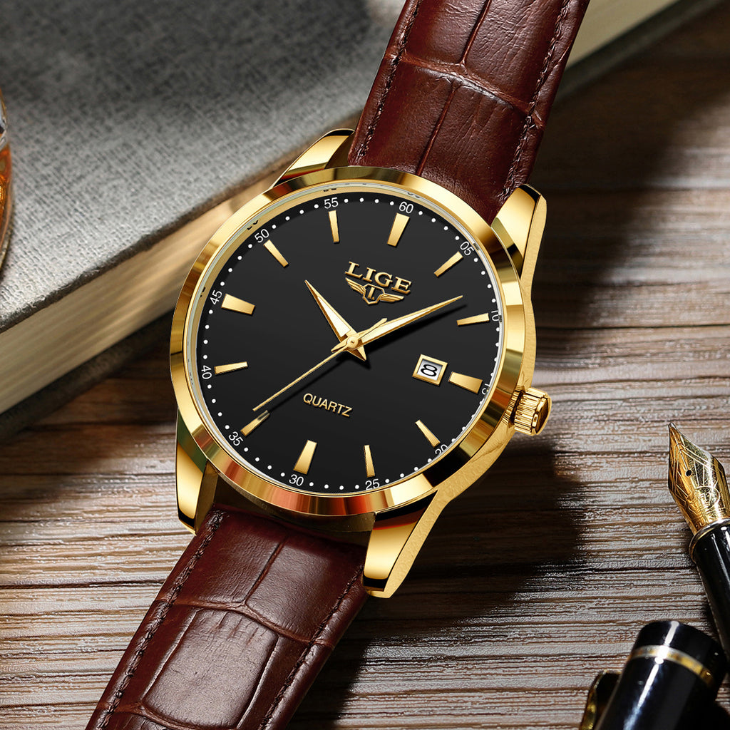 LIGE Fashion New Quartz Watch with Glow Businessmen Watch Single Calendar Three Needle Simple Pu Leather Band Watch Men's Business Watch