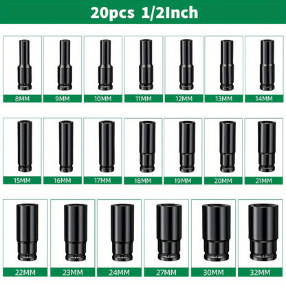 23X 20X 12X 10X Metric Deep Impact Socket 1/2" Drive 78Mm Long Reach Thin Wall 8-32Mm 8-24Mm Sockets Set (Main Meterial:Chrome-Molybdenum Steel)