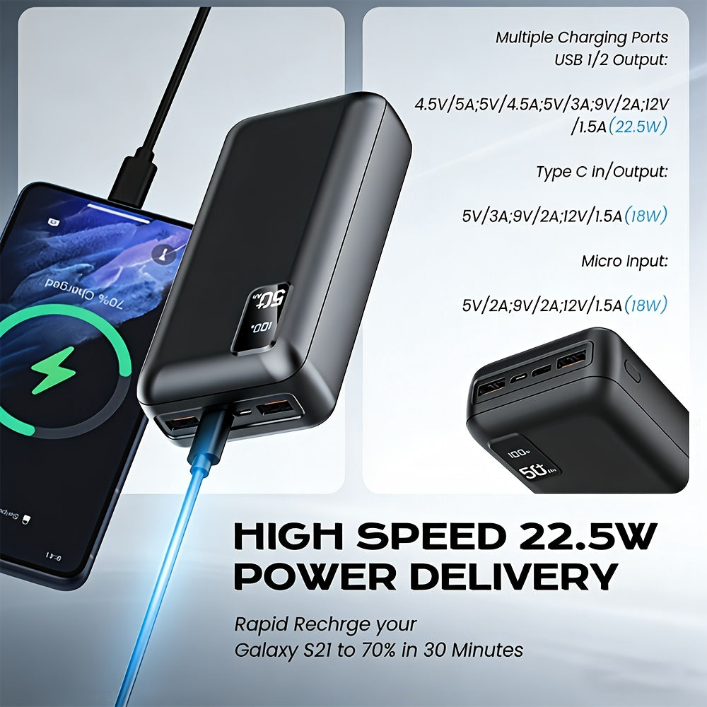 50, 000mAh Portable Power Bank with Digital Display, 22.5W Super Fast Charging, 3 Outputs & 2 Inputs - High Capacity External Battery Pack for Travel, Outdoor, and Emergency Use - Ideal Gift