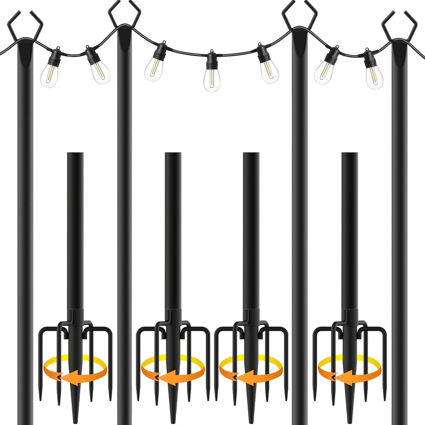 4 Pack 3.35 meter Heavy Duty Metal String Light Poles Adjustable Outdoor Lighting Stand For Patio, Backyard, Garden, Party & Wedding Rustproof & Sturdy With Hooks (Light String Not Included)