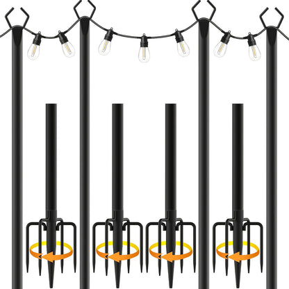 4 Pack 3.35 meter Heavy Duty Metal String Light Poles Adjustable Outdoor Lighting Stand For Patio, Backyard, Garden, Party & Wedding Rustproof & Sturdy With Hooks (Light String Not Included)