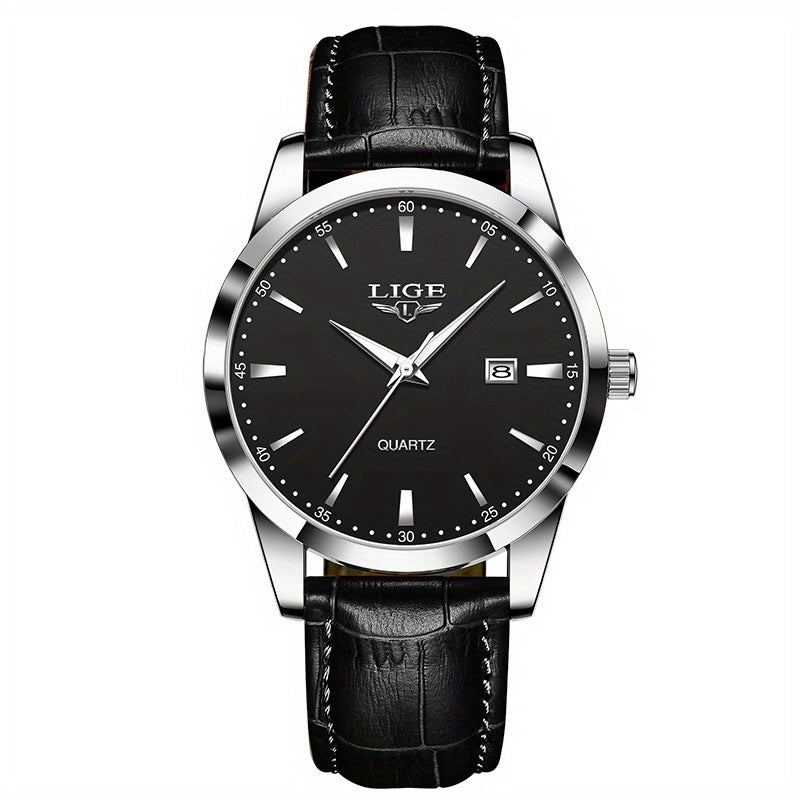 LIGE Fashion Brown Faux Leather Watch for Men, Sports Quartz Wristwatch, Casual Chronograph