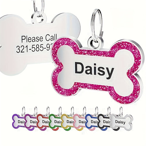 Custom Glitter Bone-shaped Pet ID Tag 1pc Round Metal Design + Engraved Text Suitable For Holiday Parties Pet Birthdays Daily Wear Back To School & School Gift