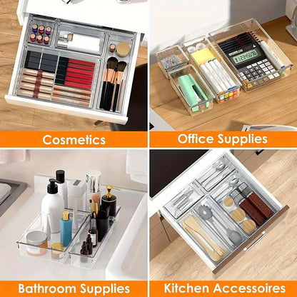 Clear Plastic Drawer Organizers Set, Versatile Bathroom And Vanity Drawer Organizer Trays, Storage Bins for Makeup, Bedroom, Kitchen Gadgets Utensils And Office