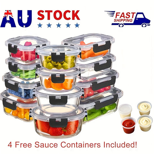 10/12 Pack Airtight Glass Food Storage Containers with Lids - Glass Meal Prep Food Containers, Lunch Box Safe for Microwave, Freezer, Dishwasher, Glass Containers, Kitchen Storage & Organisation.Bonus: 4 Free Sauce Containers Included!