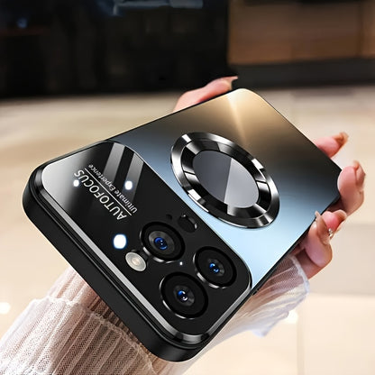 Phone Case: Luxury Glass Window Magnetic Wireless Charging Phone Case for iPhone 11 12 13 1415 16 17 Pro Max Plus Air Shockproof Hard Frosted Back Cover, Full Camera Lens Protection Phone Case A Premium Phone Case with A Titanium-Colored Glass Window